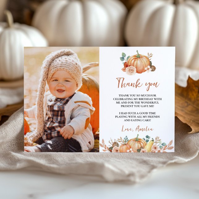 Autumn Pumpkin Kids Birthday Photo Thank You Card (Creator Uploaded)