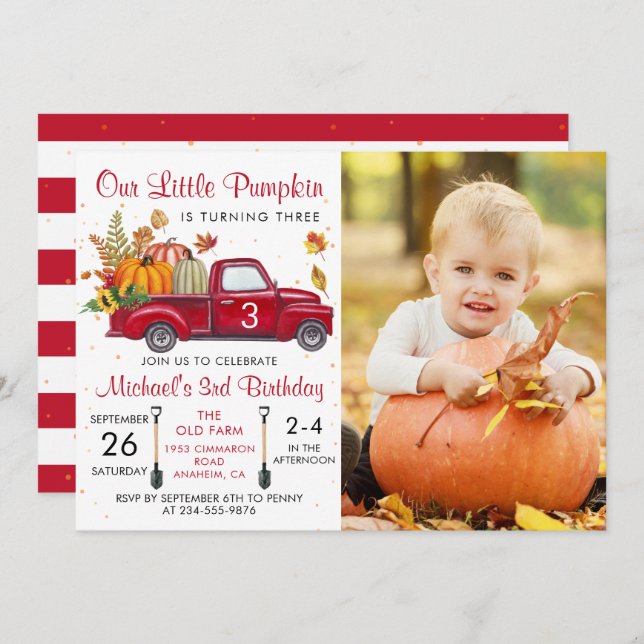 Autumn Pumpkin Leaves Red Truck Birthday Photo Invitation (Front/Back)