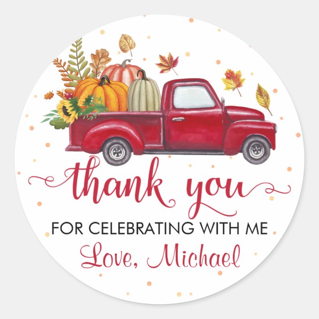 Autumn Pumpkin Leaves Red Truck Birthday Thank You Classic Round Sticker (Front)