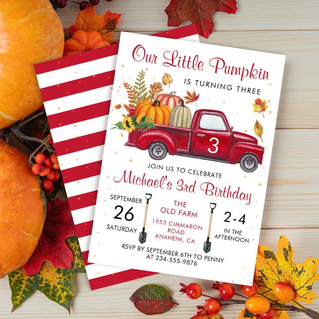Autumn Pumpkin Leaves Red Truck Fall Birthday Invitation (Creator Uploaded)