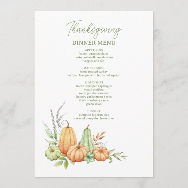 Autumn Pumpkin Leaves Rustic Thanksgiving Dinner Menu (Front)