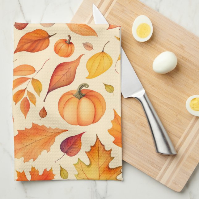 Autumn Pumpkin Leaves Watercolor Tea Towel (Quarter Fold)