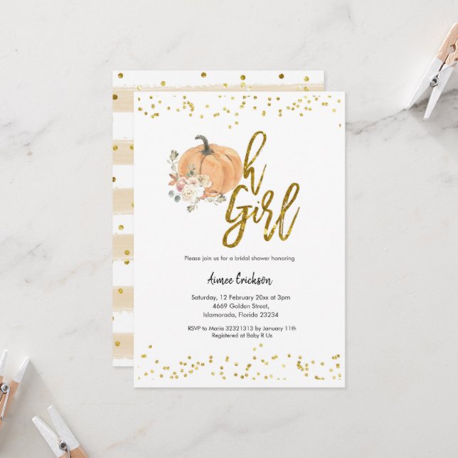 Autumn Pumpkin Oh Girl Baby Shower Invitation (Front/Back In Situ)