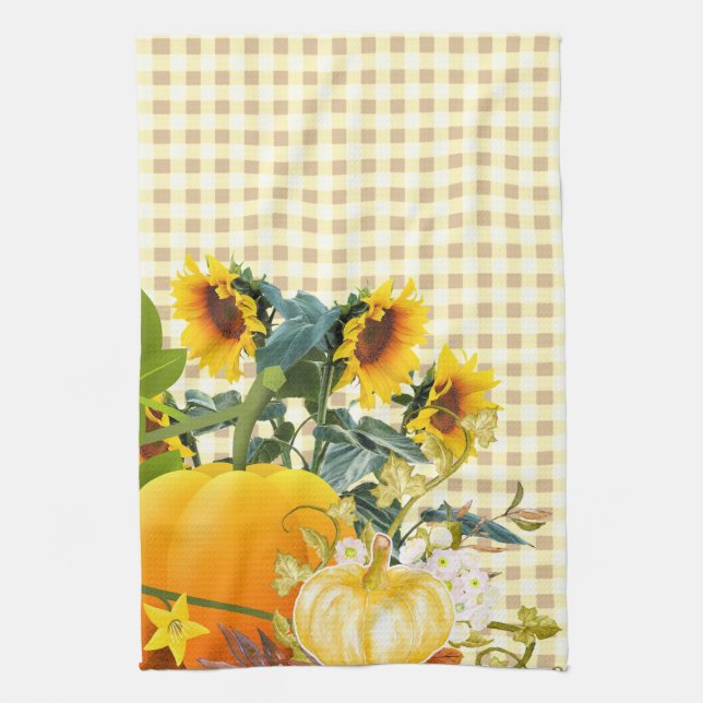 Autumn Pumpkin on Gingham   Tea Towel (Vertical)