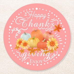 Autumn Pumpkin Peach Round Paper Coaster