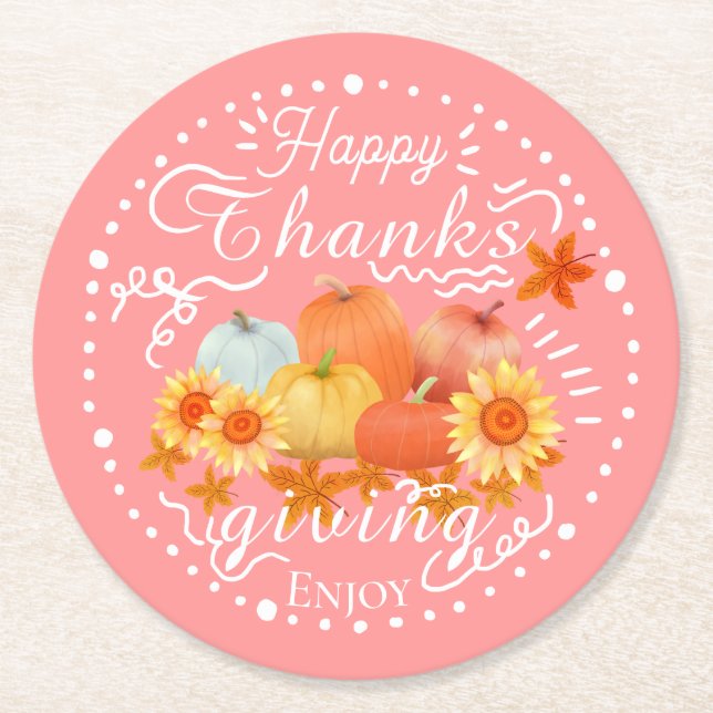 Autumn Pumpkin Peach Round Paper Coaster (Front)