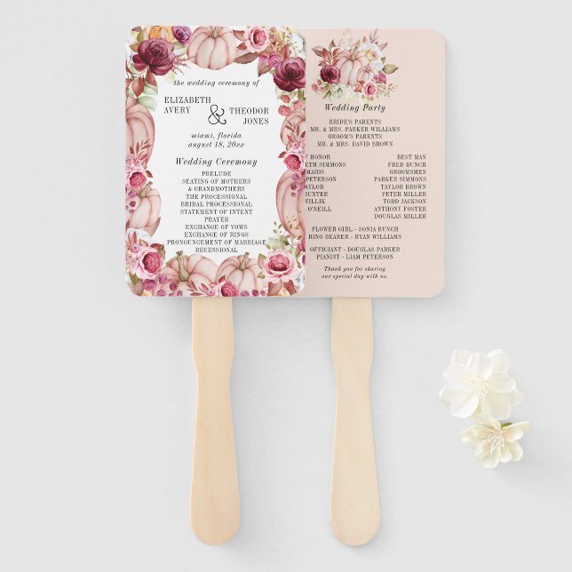 Autumn Pumpkin Pink Burgundy Wedding Program Hand Fan (Front and Back)