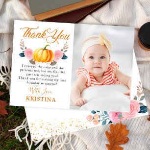 Autumn Pumpkin Pink Floral Fall Birthday Photo Thank You Card