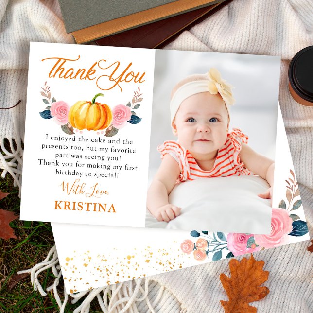 Autumn Pumpkin Pink Floral Fall Birthday Photo Thank You Card (Creator Uploaded)
