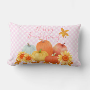 Autumn Pumpkin Pink Gingham Lumbar Cushion