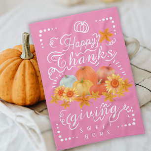 Autumn Pumpkin Pink Tea Towel