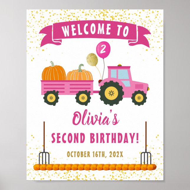 Autumn Pumpkin Pink Tractor Girl Birthday Welcome Poster (Front)