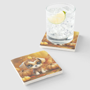 Autumn Pumpkin Puppy Stone Coaster