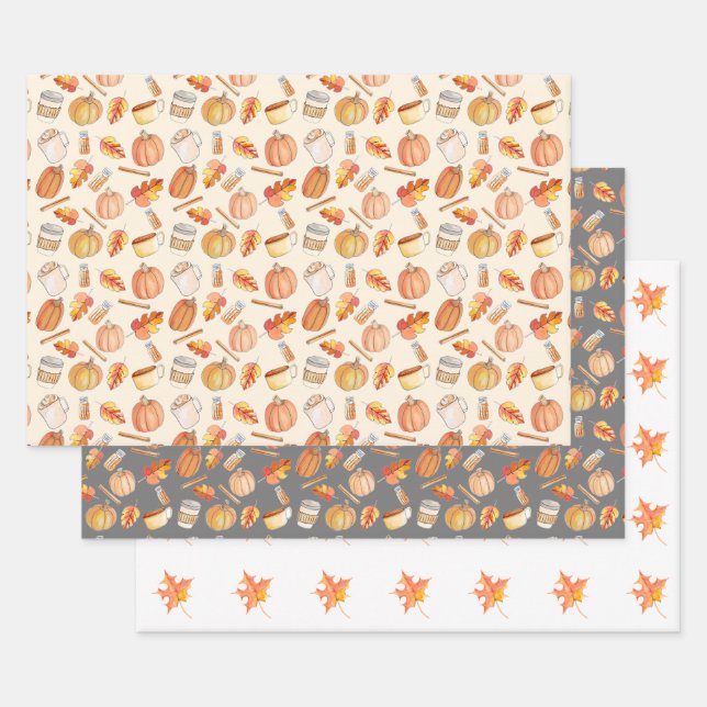 Autumn Pumpkin Spice and Leaves Wrapping Paper Sheet (Set)