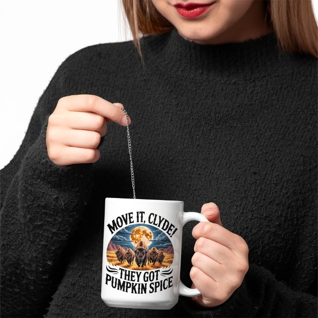 Autumn Pumpkin Spice Humour Bison Stampede Coffee Mug (woman holding a funny fall pumpkin spice coffee mug)