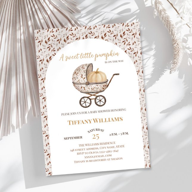 Autumn pumpkin stroller neutral baby shower invitation (A little pumpkin is on the way rustic retro stroller baby shower invitation )