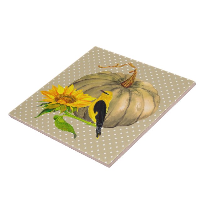 Autumn Pumpkin Sunflower and Finch  Ceramic Tile (Side)