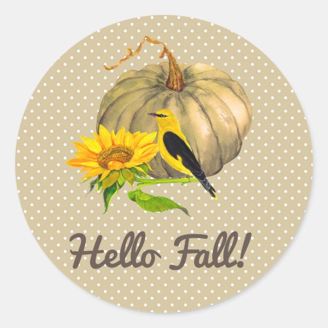 Autumn Pumpkin Sunflower and Finch    Classic Round Sticker (Front)