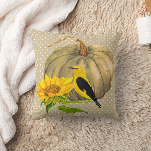 Autumn Pumpkin Sunflower and Finch Cushion (Blanket)