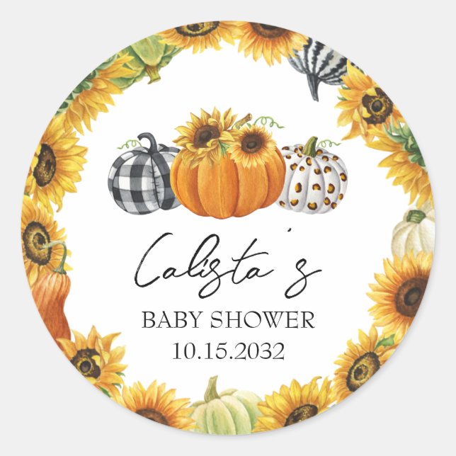 Autumn Pumpkin & Sunflower Baby Shower Favours Classic Round Sticker (Front)