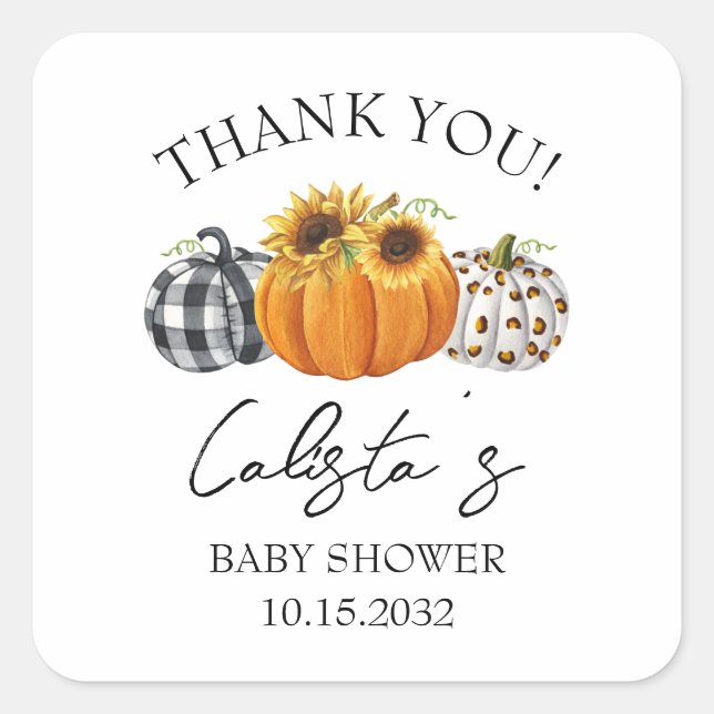 Autumn Pumpkin & Sunflower Baby Shower Thank You Square Sticker (Front)