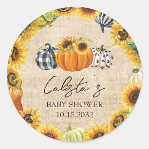 Autumn Pumpkin Sunflower Burlap Baby Shower Favour Classic Round Sticker