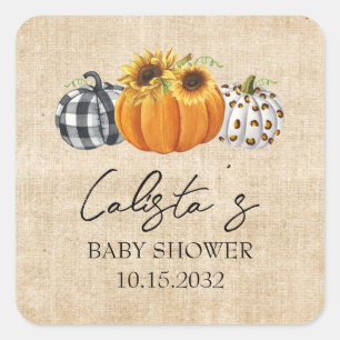 Autumn Pumpkin Sunflower Burlap Baby Shower Favour Square Sticker