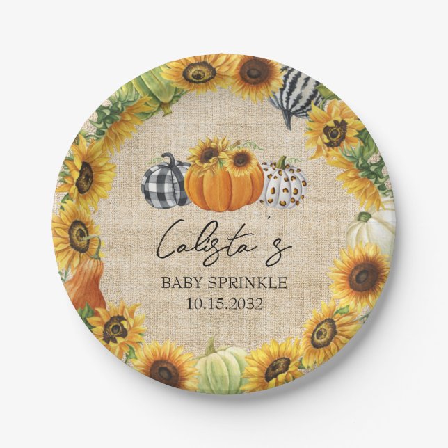 Autumn Pumpkin Sunflower Burlap Baby Sprinkle Paper Plate (Front)