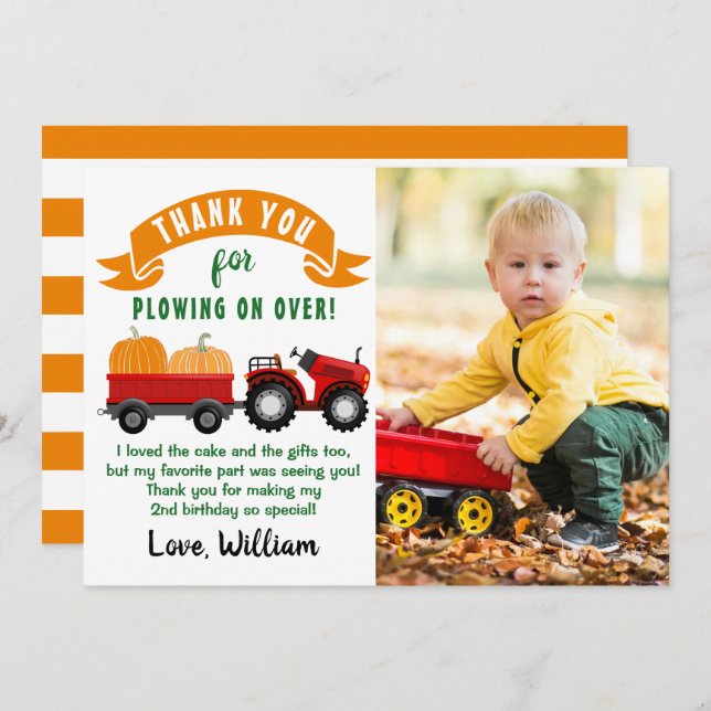 Autumn Pumpkin Tractor Farm Birthday Photo Thank You Card (Front/Back)