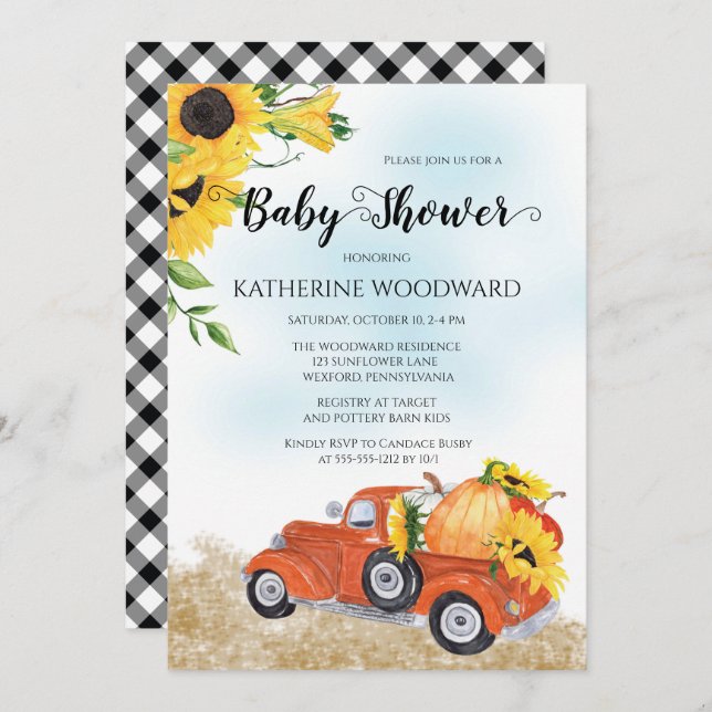 Autumn Pumpkin Truck | Sunflowers Baby Shower Invitation (Front/Back)