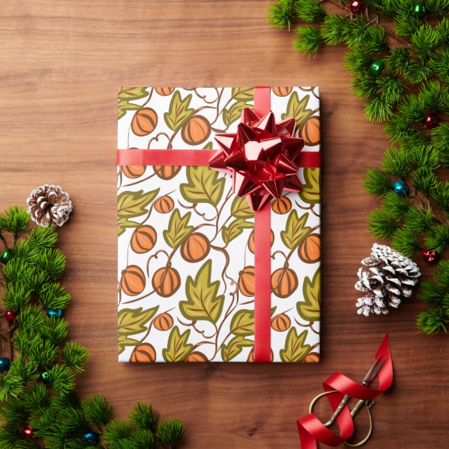 Autumn Pumpkin Vines Hand Drawn Design Wrapping Paper (Holiday Gift)