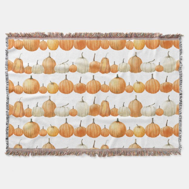 Autumn Pumpkin: Watercolor Illustration Pattern Throw Blanket (Front)