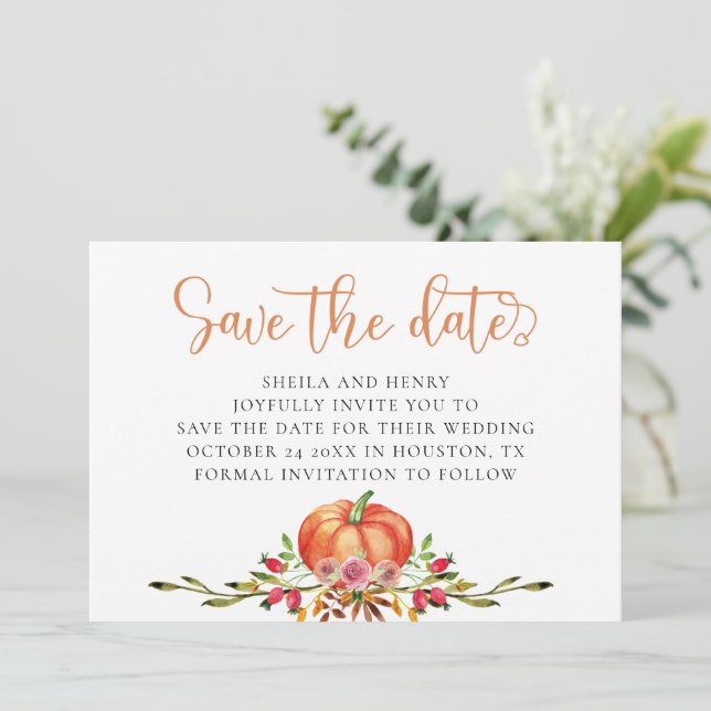Autumn pumpkin wedding save the date invitation (Standing Front)