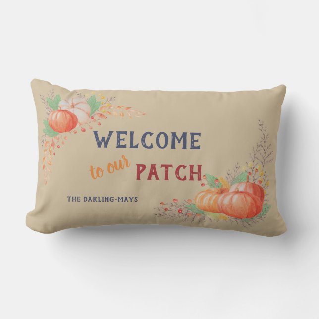 Autumn Pumpkin Welcome to our Patch Personalised Lumbar Cushion (Front)