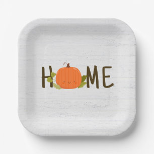 Autumn Pumpkin With Home Text On Wood Paper Plate