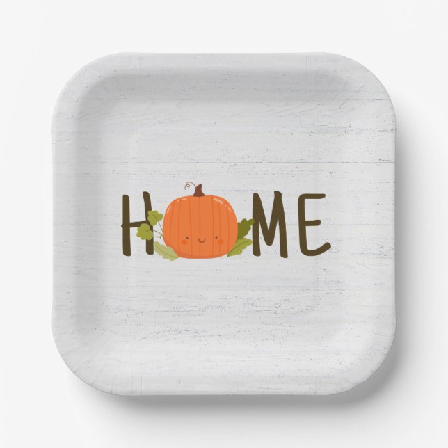 Autumn Pumpkin With Home Text On Wood Paper Plate (Front)