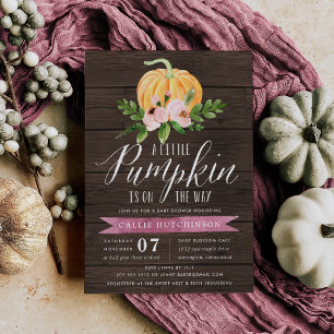 Autumn Pumpkin Wood & Pink Floral Baby Shower Invitation