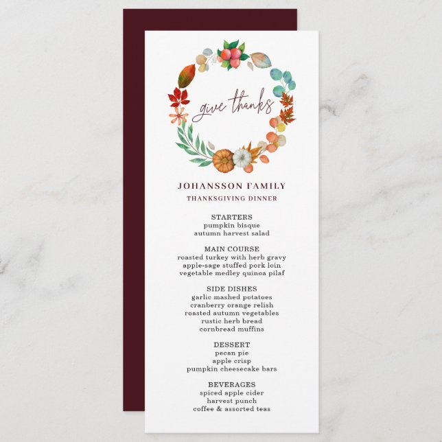 AUTUMN PUMPKIN WREATH THANKSGIVING DINNER MENU (Front/Back)