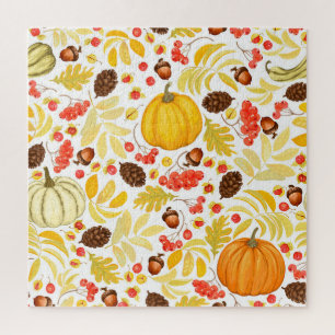 Autumn pumpkins, acorns, vintage background. jigsaw puzzle