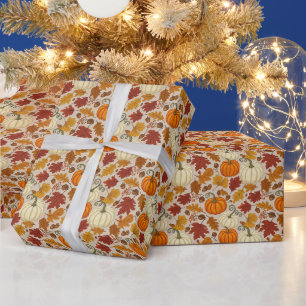 Autumn Pumpkins and Fall Leaves Wrapping Paper