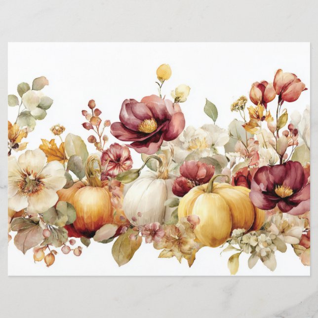 Autumn Pumpkins and Flowers Fall Scapbook Paper (Front)