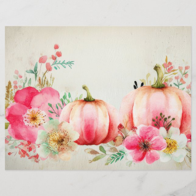 Autumn Pumpkins and Flowers Fall Scapbook Paper (Front)