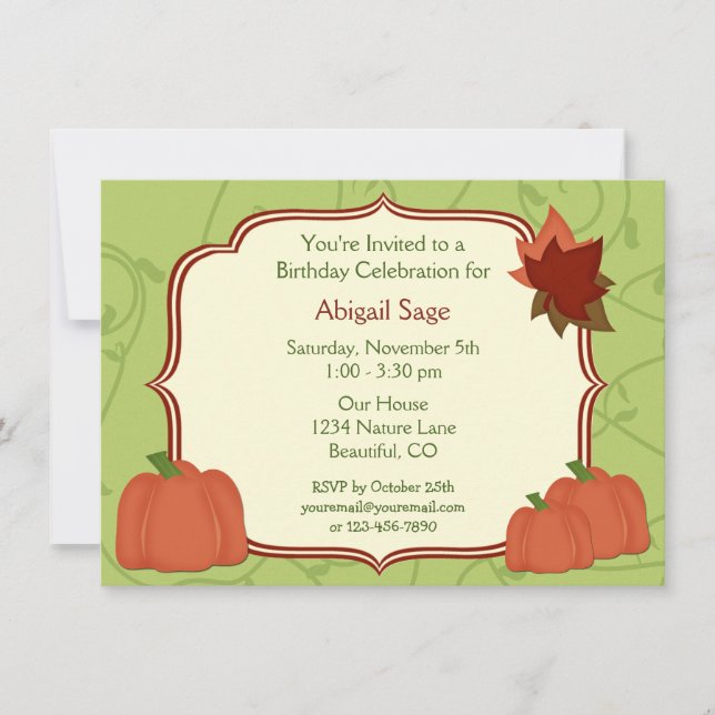 Autumn Pumpkins and Leaves Birthday Invitation (Front)
