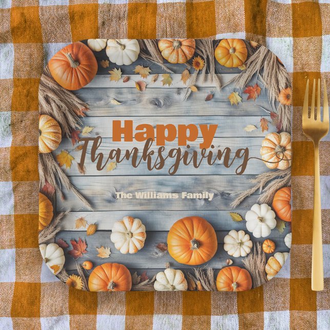 Autumn Pumpkins and Leaves on Wood Thanksgiving Paper Plate (Creator Uploaded)