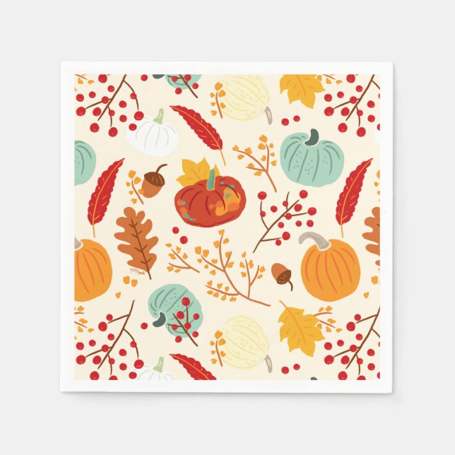 Autumn Pumpkins and Leaves Pattern Napkins (Front)