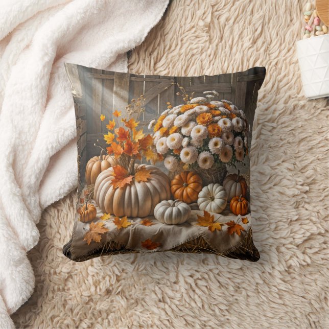 Autumn Pumpkins and Mums In a Barn Cushion (Blanket)