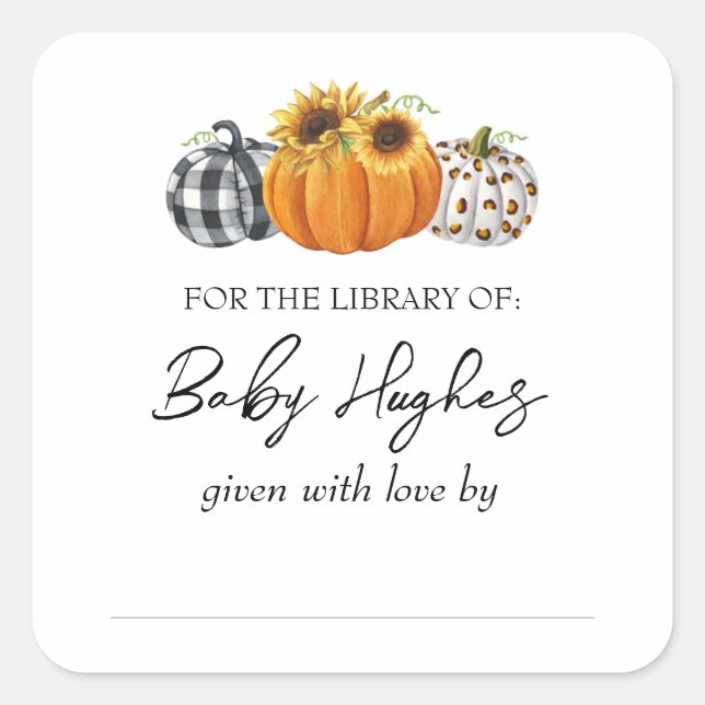 Autumn Pumpkins Baby Shower Library Bookplate Square Sticker (Front)