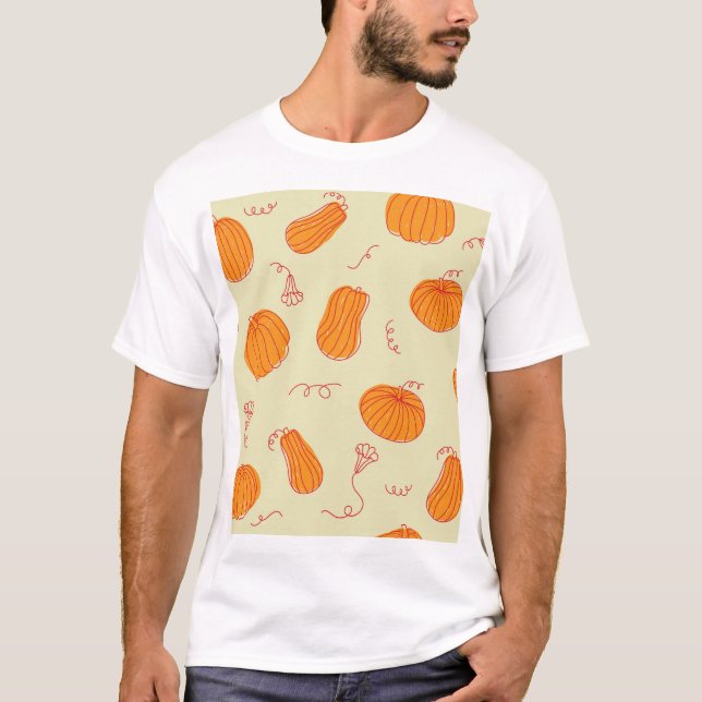 Autumn Pumpkins: Doodle Orange Pattern. T-Shirt (Front)