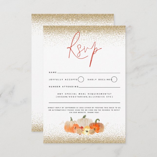 Autumn Pumpkins Floral Glitter Fall Script QR Code RSVP Card (Front/Back)