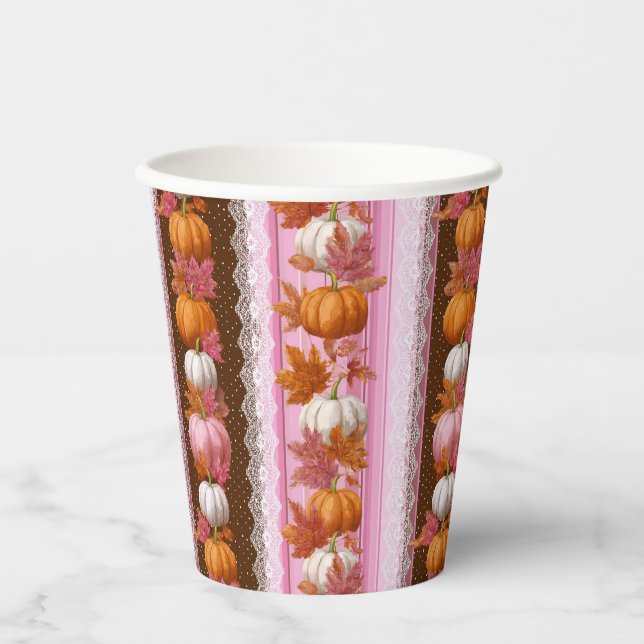 Autumn Pumpkins & Floral Lace Seamless Pattern (2) Paper Cups (Front)